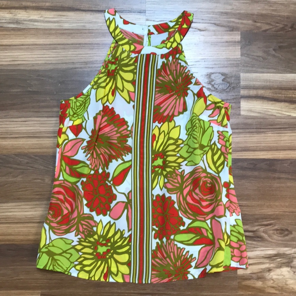 Trina Turk White Floral Halter Tank with Pink, Yellow & Green